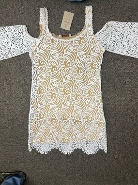 White Lace Maxi Dress with Nude Lining — Elegant Cold-Shoulder Style
